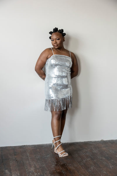 silver fringe mini dress S Zimmermann - Alight Striped straight neckline that sits Neckline_Highneck/Halter Dress style:With Shawl